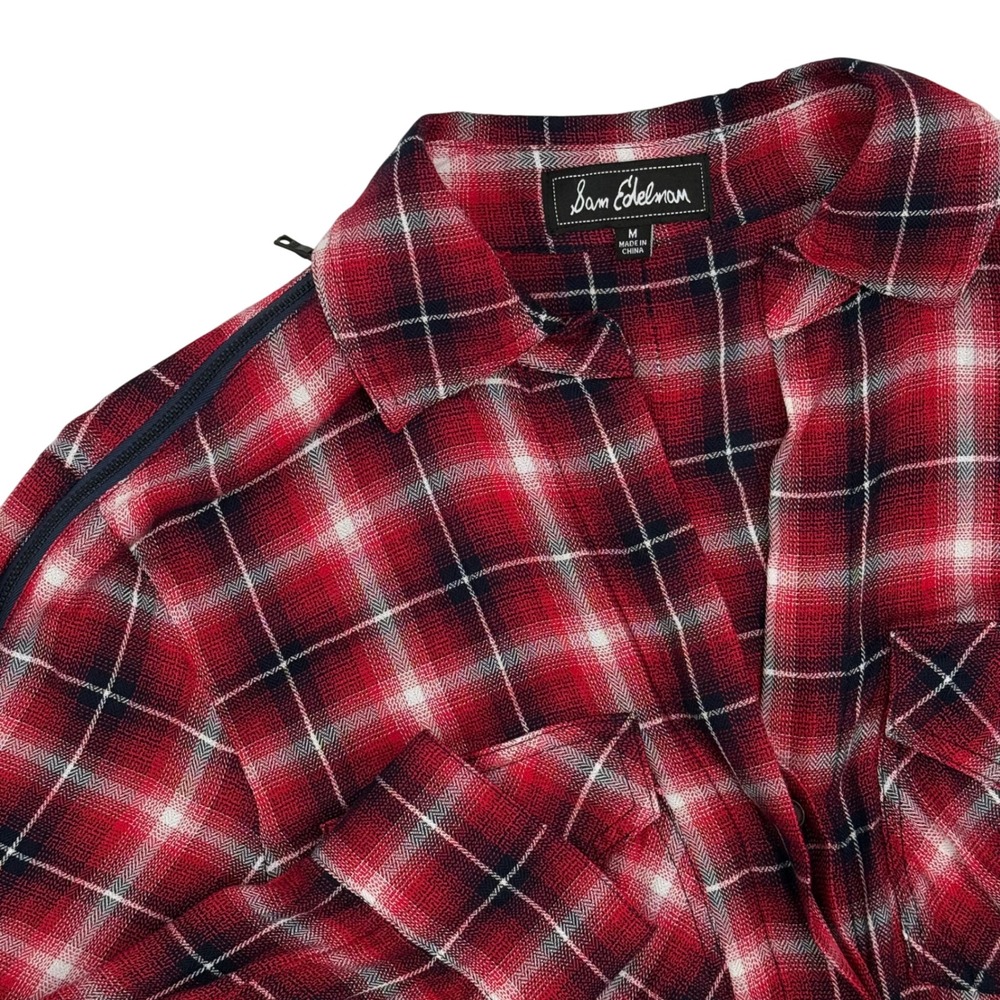 Sam Edelman Plaid Button Down Shirt Women's Medium Red Roll tab zip shoulders